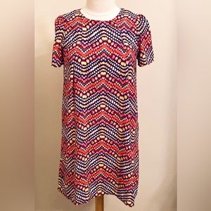 Everly Red Yellow Blue Abstract Print Short Sleeve Lined Shift Dress Size Small